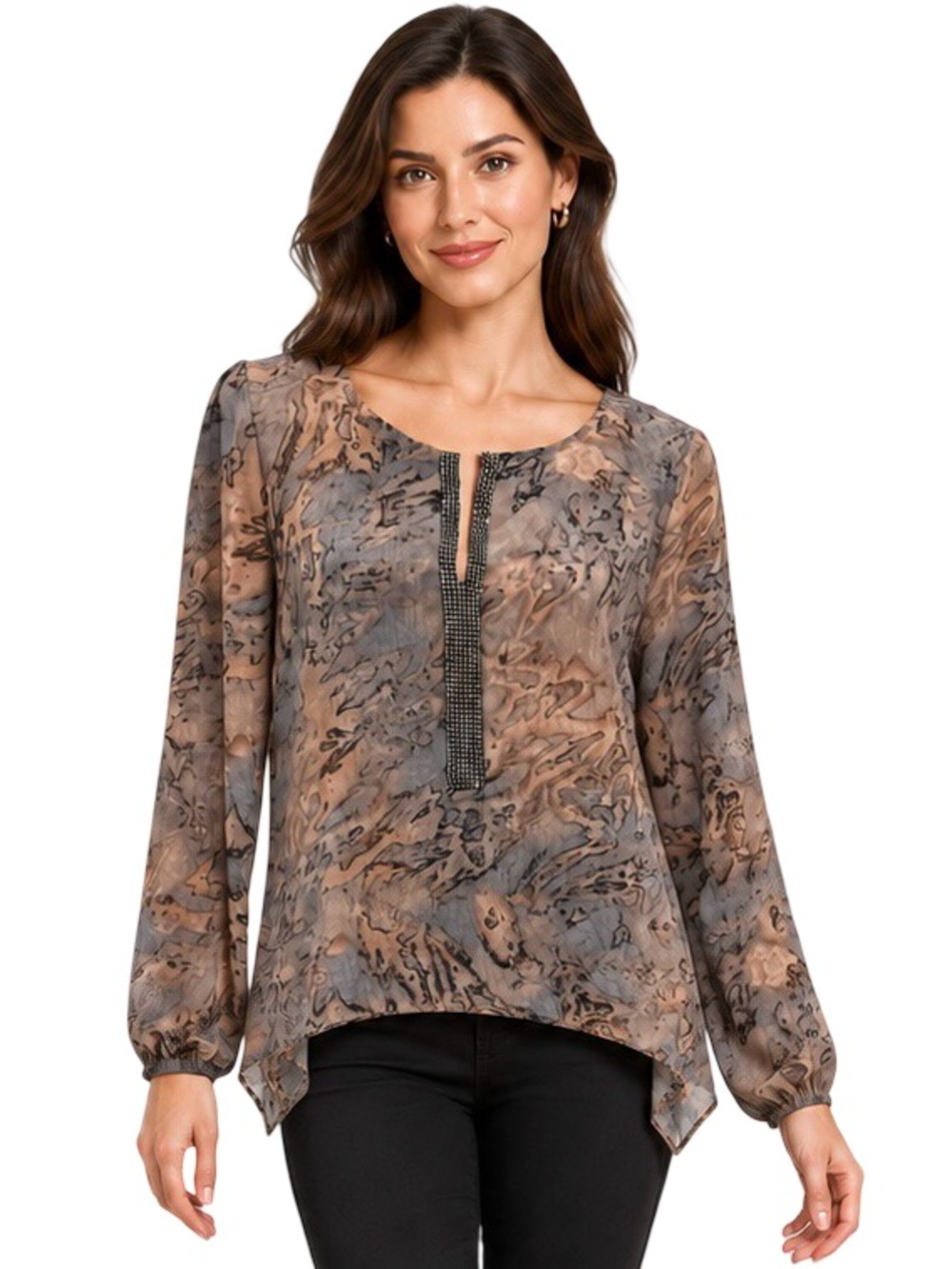 Juicy Couture Abstract Print Rhinestone Split Neck High Low Tunic Blouse Small